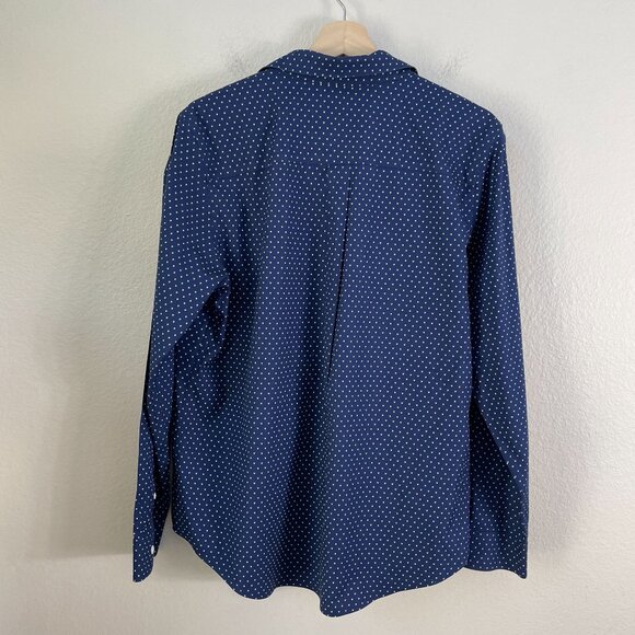 LL Bean Womens Large Wrinkle Free Navy Button Up Shirt White Heart Print Blouse - Picture 9 of 10